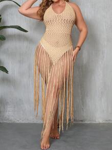 SHEIN Swim Curve Plus Size Women's Handmade Knit Cover Up, Lightweight Open-Front Long Fringe Tie Wrap Backless Sexy Beachwear For Summer Beach Vacation - Apricot - View 6