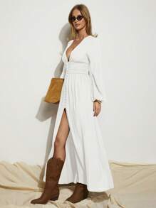 COSMINA Women's Elegant Brown High Slit Long Sleeve Dress, Suitable For Vacation, Spring/Summer,White Dresses For Women - White - View 3