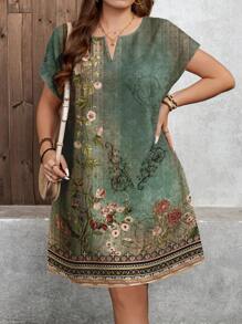 SHEIN LUNE Grande taille Femmes Robe décontractée vintage élégante à imprimé floral, décolleté en V et manches chauve-souris. Tenue d'été pour lieux de détente