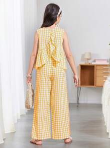 SHEIN LMoss Kids Conjunto de dos piezas para niña preadolescente con Top suelta sin mangas con espalda cruzada y volantes a cuadros, y pantalones sueltos y casuales. Adecuado para salidas de primavera, estilo pastoril casual, salidas casuales. - Amarillo - Ver 7
