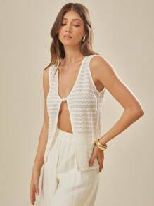 L'Amorae Women's Summer Vacation Knitted Top With Pearl Trim - White - View 5