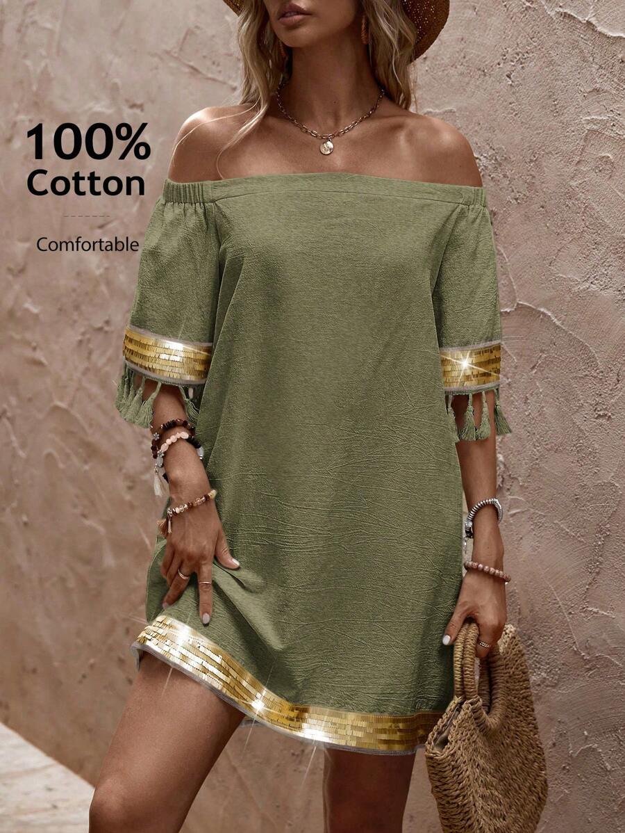 EMERY ROSE Letni casual Bez ramion Luźny krój Sukienki , Z Cekin , Frędzle I Grzywka Dekoracje