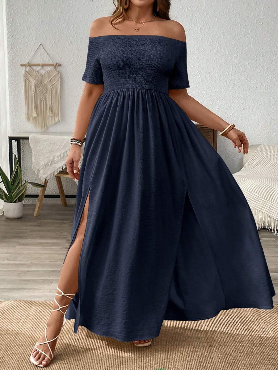 SHEIN VCAY 大码露背开衩连衣裙 - 藏蓝色 - 查看 1