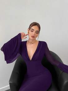 Aloruh Women's Autumn/Winter New Solid Color Deep V-Neck Double-Layer Ruffle Flare Long Sleeve Fitted Mesh Dress - Purple - View 3