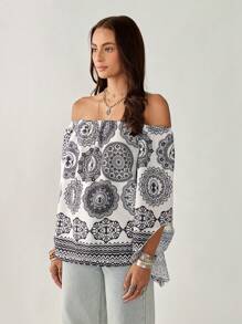 Florisole 女士休闲通勤宽松露肩七分袖上衣 - 彩色 - 查看 3