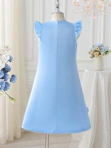Mädchen süßes Kleid mit Schleife, Rüschen-Ärmeln und A-Linie, vereint Süße, Eleganz und kindliche Anmut, geeignet für Sommeralltagsleben und Feierlichkeiten - Babyblau - Übersicht 2