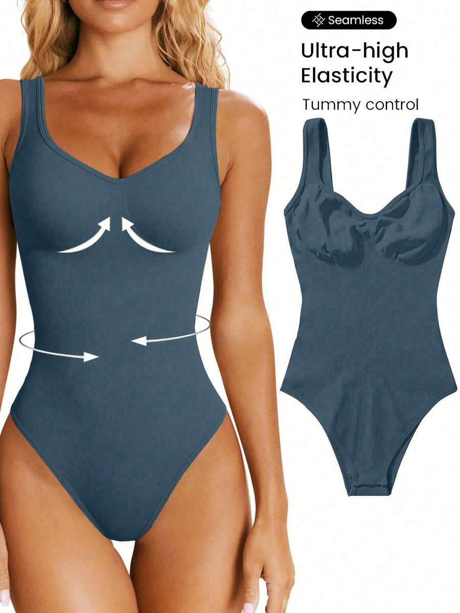 Gameset SHEIN Sport 无缝瑜伽连体衣，带衬垫运动胸罩 - 灰色 - 查看 1