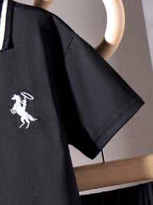 SHEIN 2pcs Girl (Small) Outfit: Grey Short Sleeve Dog T-Shirt And Navy Blue Elastic Waist Skirt, Cute And Fashionable Summer Set For Little Girls Girls School Dress Dresses School For Kids School Girl Dress,Holiday,Summer,Travel - Black - View 6