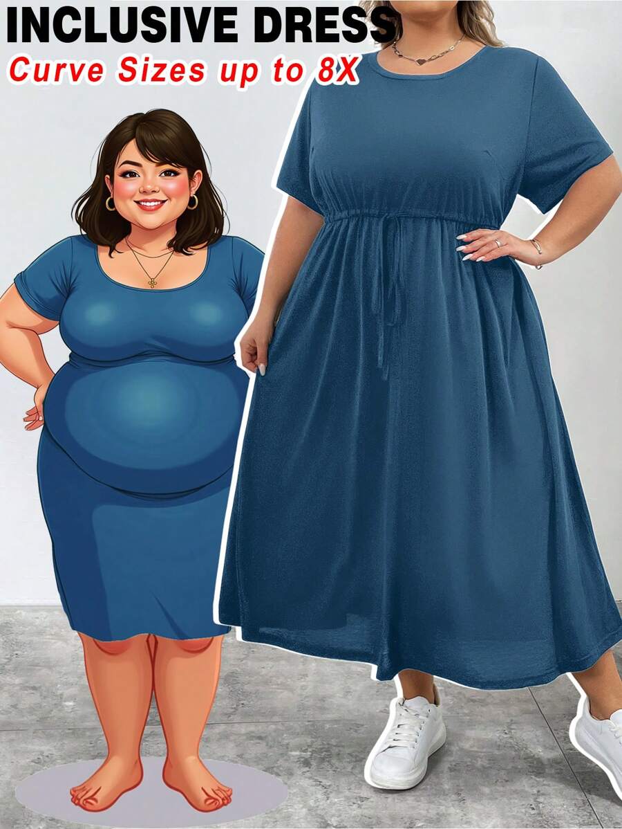 SHEIN CURVE+ 大码女式夏季时尚休闲黑色系带下摆（有口袋）长款宽松短袖连衣裙 - 霧霾藍 - 查看 1