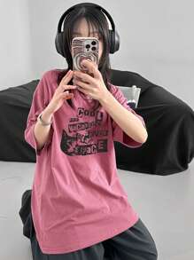 DAZY 女士圆领宽松印花短袖休闲 T 恤 - 粉色 - 查看 4