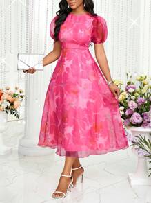 SHEIN Lady Women's Floral Print Round Neck Short Puff Sleeve Elegant Mid-Length Casual Dress Summer Dresses For Women Women Dresses Elegant Gown Women Casual Dress Work Summer Dresses Women Short Dresses Summer Women Plus Sun Dress