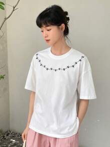 FRIFUL Floral Embroidery Drop Shoulder Tee - White - View 3