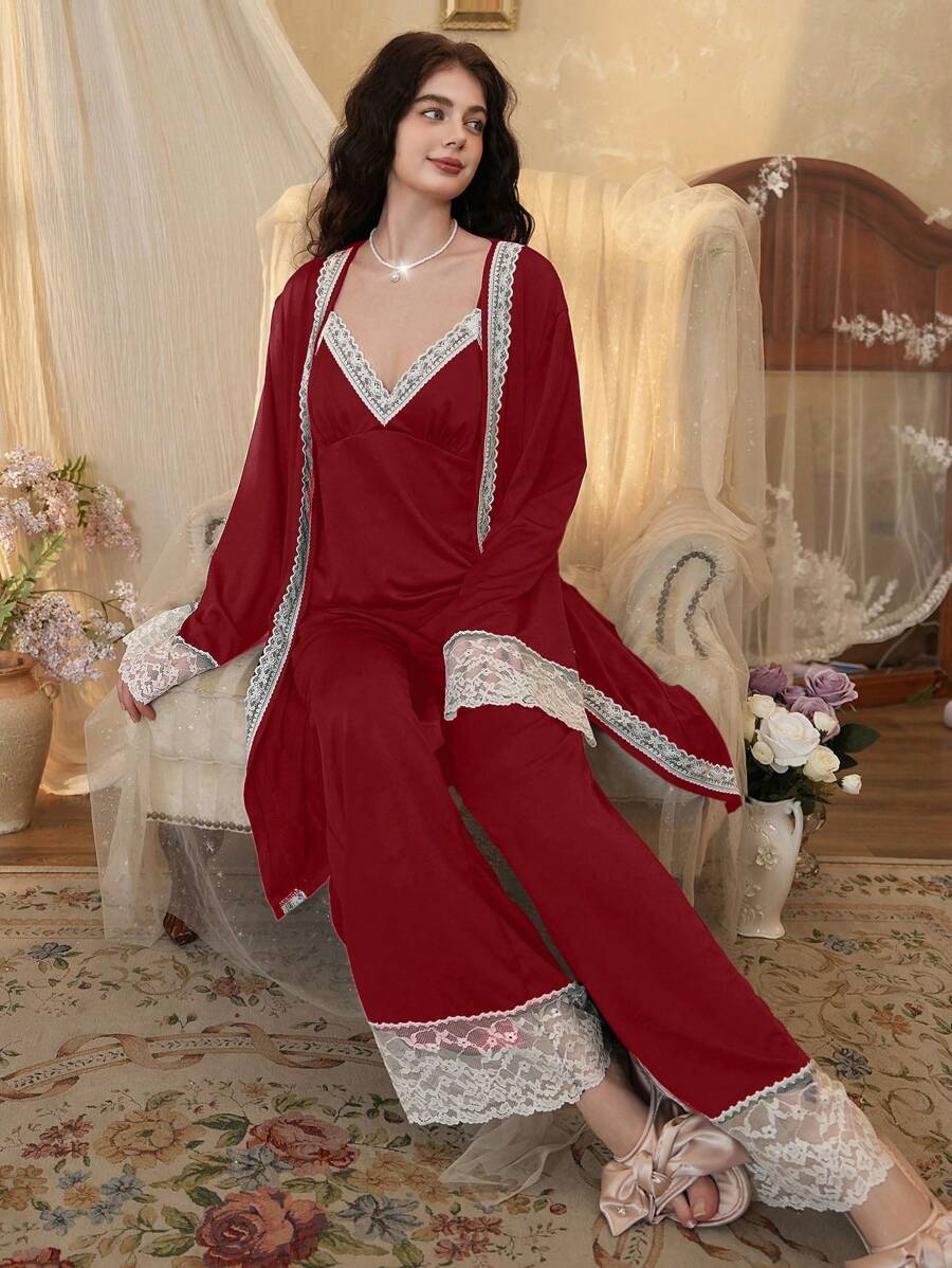 Côtesoire 3 Pieces Elegant Lace Patchwork Women's Pajama Set Holiday Season, Fall Clothes - Burgundy - View 1