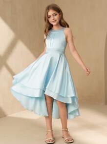 SHEIN 花童吊带裙，缎面处理，不对称下摆，优雅适合婚礼、派对、生日、演出 - 藍色 - 查看 6