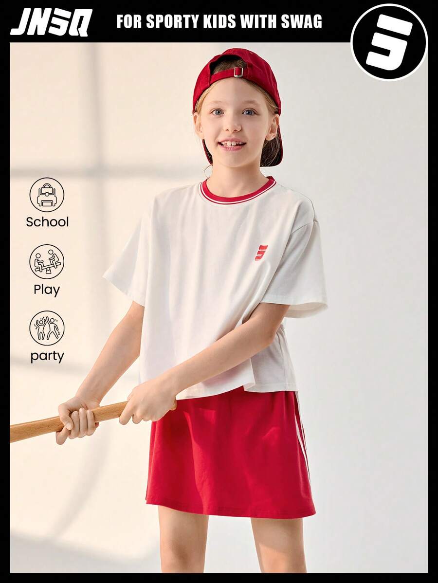 SHEIN Tween Girl Back-To-School White And Red Summer Casual School Outdoor Sports Short Sleeve T-Shirt & Skirt Set,Children Round Neck Patchwork Contrast - White - View 1