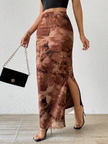 Rafferiza Rok Wanita Kasual Motif Gradien Belahan Samping, Pakaian Musim Gugur untuk Wanita - Coffee Brown - View 6