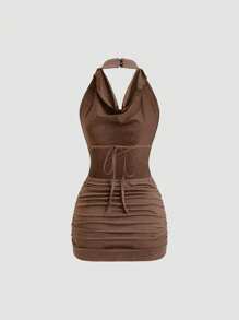 Sweetra Đầm ôm body hở lưng không tay buộc dây gợi cảm màu đen cổ xếp ly - màu nâu - Xem 2