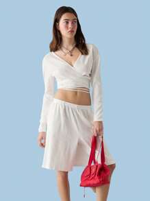 COUREZ Pointelle Long Sleeve V Neck White Wrapping Top Y2K Vintage 100%Cotton