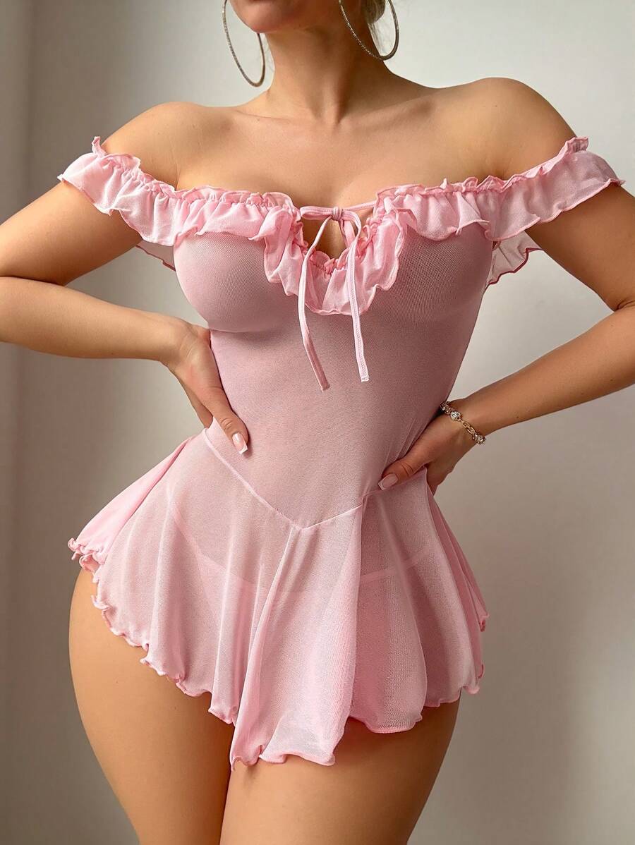 PetitDoll Conjunto de 2 piezas de vestido con hombros descubiertos, volantes y lazos en el bajo, de estilo sexy para salir - Rosa - Ver 1
