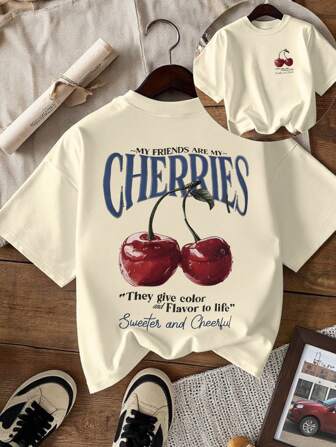 My Best Friend Is My Cherry Design Fruit Print Round Neck T-Shirt For Women