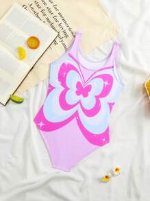 SHEIN Tween Girls Butterfly Print One-Piece Swimsuit - Pink - View 2