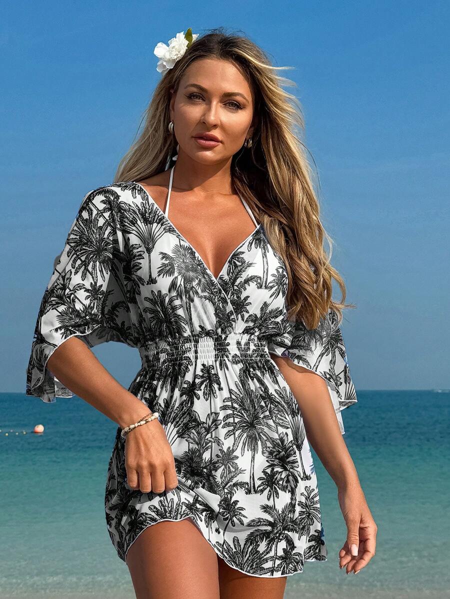 Swim Lushoire 女士海滩度假热带面料网眼印花松紧腰中长款深V领休闲罩衫 - 黑與白 - 查看 1