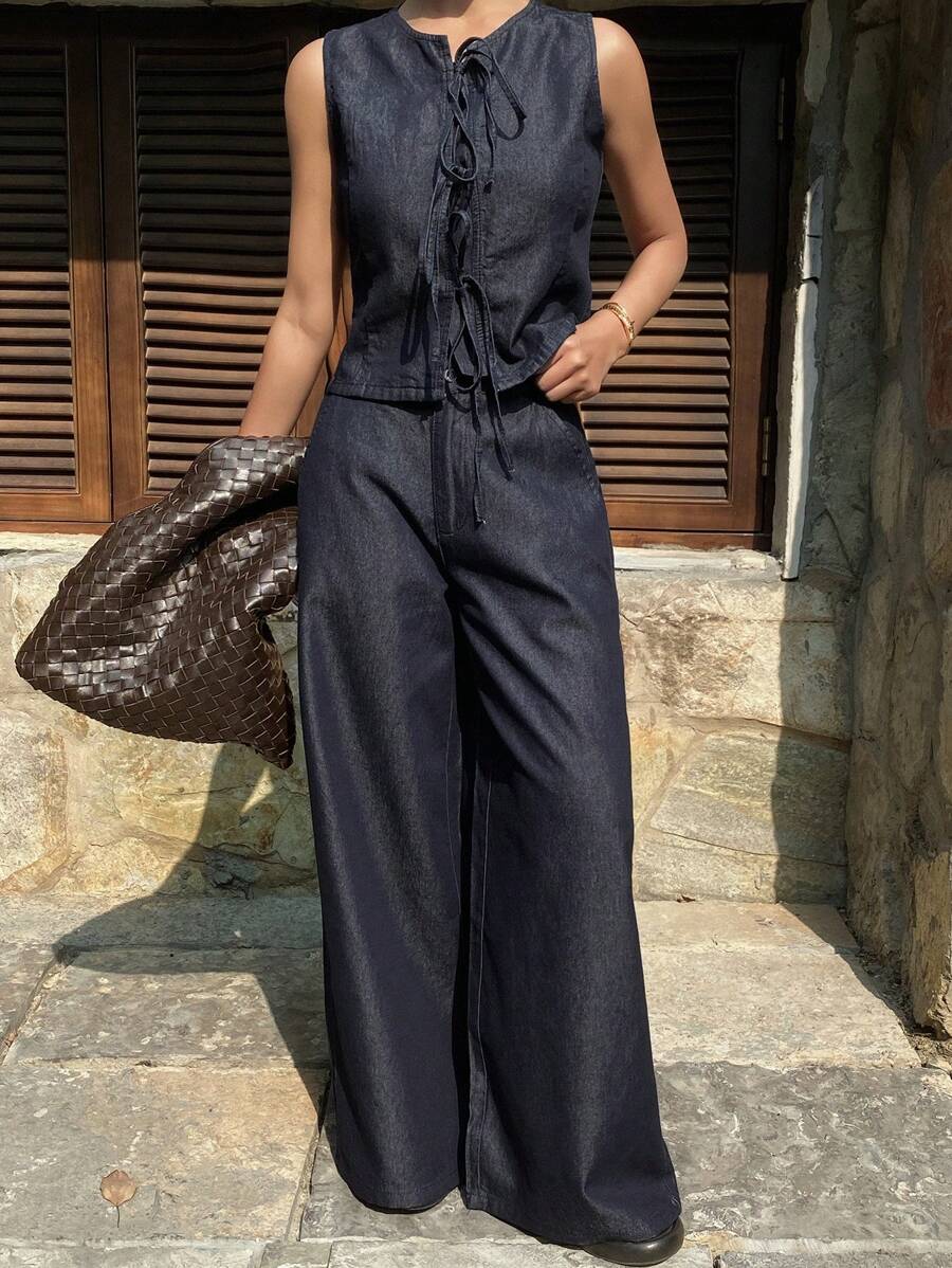 Women's Summer Bowknot Strap Top And Denim Pants 2pcs/Set, Casual Denim Outfit - Dark Wash - View 1