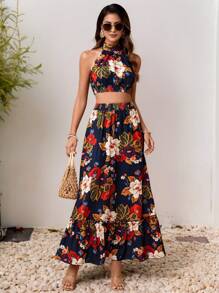 Chiquease 女士优雅大花两件套无袖上衣和裙子 - 彩色 - 查看 1