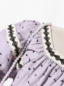 SHEIN 青少年女孩夏季方领碎花休闲泡泡袖衬衫 - 灰色 - 查看 4