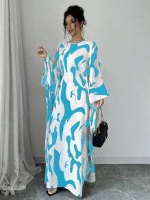 Rafferiza 女式宽松大袖系腰抽象印花优雅长裙超长女装 - 薄荷藍 - 查看 4