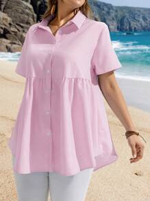 EMERY ROSE 大码休闲条纹衬衫，简约时尚，适合日常穿着，夏季，波西米亚风 - 粉色 - 查看 5