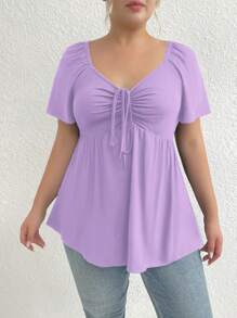 SHEIN Clasi Camiseta de manga corta de talla grande, de unicolor, con cintura ajustada, para el verano - Púrpura malva - Ver 3