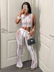 BamGleam 2 件套女士扎染印花短款吊带背心和喇叭裤时尚套装 - 彩色 - 查看 3