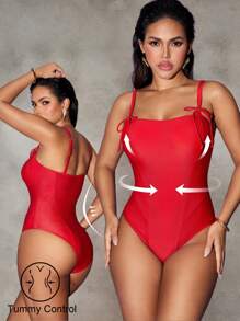 SHEIN Swim Tummy Control Princess Seam One-Piece Swimsuit For Women For Summer Beach Vacation - Red - View 1