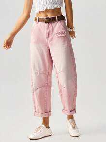 Bohemela Women's Casual Pink Denim Long Pants With Zipper Detail And Distressed Design - Red - View 6