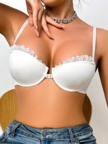 Front Closure Balconette 1/2 Cup Underwired Push-Up Floral Lace Racerback Crisscross Sheer Women Lingerie Bra, White - White - View 4