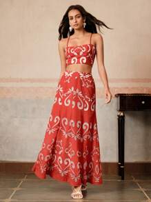 Anewsta Women 2pcs Set Hollow-Out Embroidered Spaghetti Strap Top + A-Line Skirt,Red And White,Summer,Boho,Vacation,Holiday,Elegant Personalized Beach Casual - Burnt Orange - View 3