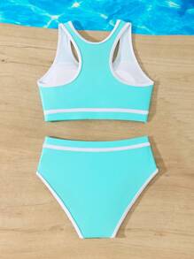 SHEIN Tween Girls Colorblock Trim Round Neck Bikini 2 Pieces Swimwear Set Young Girls Sets Summer Young Girls Sets Bathing Suits For Teens Teen Girls Bikini Sets Bathing Suits For Teens Teen Girls Bikini Sets Teen Girls Bikini Sets Bathing Suits For Girls Young Girls Bikini Sets - Blue - View 4