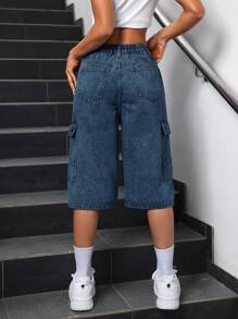 SHEIN ICON Women's Casual Dark Wash Denim Bermuda Shorts With Zipper Details And Cargo Pockets