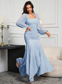 Modelyn Robe élégante pour femmes, col carré, manches lanternes, plissée, ourlet en queue de poisson, couleur unie