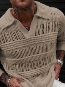 Manfinity Homme Men's Khaki Knitwear Semi-Sheer Sweater: Casual Long Sleeve Collared Rib-Knit Design With A Regular Fit And Length Perfect For Layering - Khaki - View 6