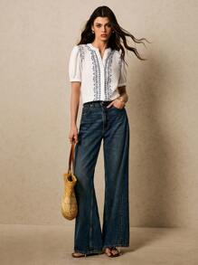 Poéselle 白衬衫、度假衬衫、棉质衬衫、波西米亚风、女士植物刺绣V领短泡泡袖休闲衬衫 - 白色 - 查看 2