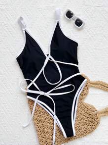 Swim SXY Springbreak 女式 1 件纯色带饰边深 V 领交叉前性感比基尼连体泳衣 - 黑與白 - 查看 4