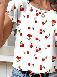SHEIN LUNE Blusa de mujer de talla grande de verano con cuello redondo, mangas con volantes y estampado de cerezas - Blanco - Ver 5