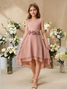 SHEIN Sukienka letnia dla dziewcząt w jednolitym kolorze, bez rękawów, z okrągłym dekoltem i modnym wzorem - Brudny różowy - Zobacz 8