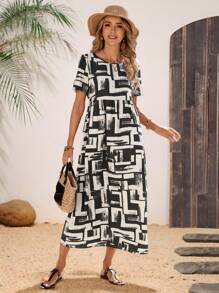 EMERY ROSE Geometric Print Round Neck Short Sleeve Long Casual Dress For Women, Spring & Summer - Black and White - View 3