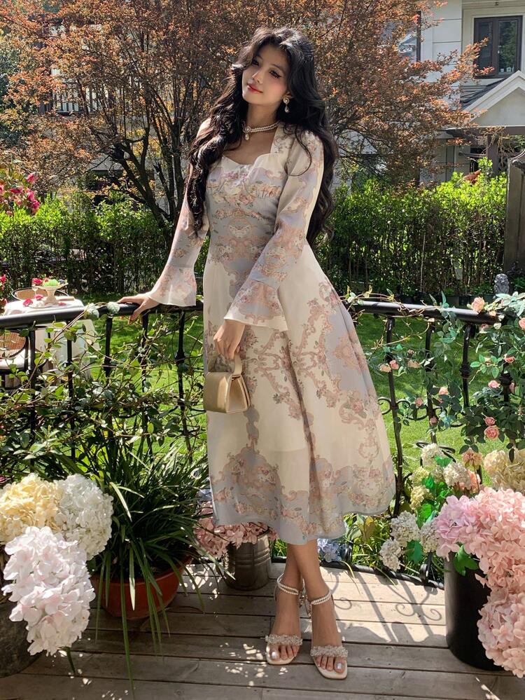 New Elegant Cinched Waist Ditsy Floral Midi Sundress For Women, Fall Long Sleeve Dress