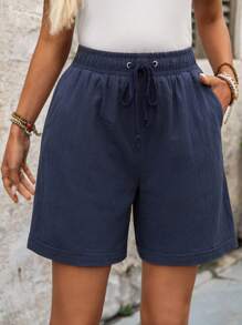 EMERY ROSE 女士纯色抽绳腰宽松休闲百搭短裤夏季女式100%纯棉 - 藍色 - 查看 6