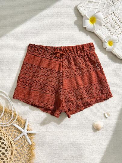 SHEIN Tween Girl Summer Beach Vacation Bowknot Elastic Waist Crochet Cover-Up Shorts Set Beach Shorts For Girls Summer Shorts For Teens Tween Girls Clothing Summer Shorts Tween Girl Casual Solid Color Buttoned Shorts Summer Cotton Cute Summer Shorts For Kids Cotton Lace Shorts Tween Girl Crochet Shorts