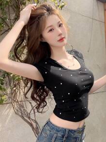 DAZY 圆领水钻装饰修身短袖T恤，适合夏季休闲装，可爱上衣，短款上衣，女士 - 黑色 - 查看 4
